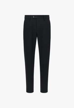 Schwarze Hosen aus einem glatten Stoff, mit klassischem Design, geradem Bein, Fronttaschen und einem Knopfverschluss am Bund.