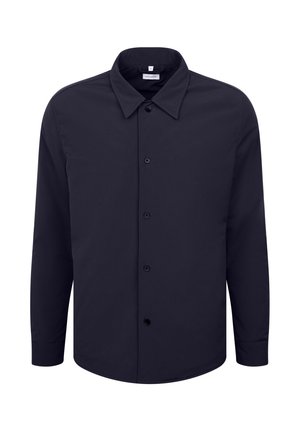 Camicia blu navy con bottoni, realizzata in tessuto liscio, presenta un colletto classico, maniche lunghe e bottoni neri sul davanti.