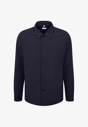 Navy Hemd mit Knöpfen, aus glattem Stoff, präsentiert einen klassischen Kragen, lange Ärmel und schwarze Knöpfe auf der Vorderseite.