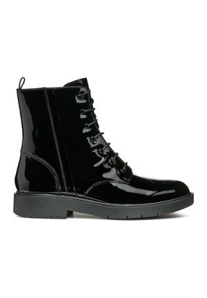 Black patent leather ankle boots with a lace-up design, round toe, sturdy sole, and a pull tab at the heel for easy wear.