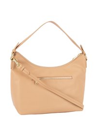 Rametna torbica za ramo iz usnja z gladko teksturo, z eno paščkom, zlatimi kovinskimi dodatki in žepom z zadrgo na sprednji strani. Eleganten, sodoben dizajn.