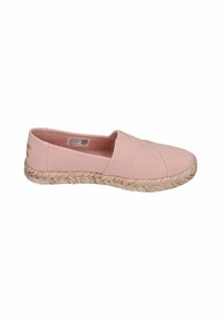 Roze canvas espadrille met een geweven jute zool, voorzien van een instapontwerp en een gestructureerde bovenkant. Ronde neus met kruissteekdetails.
