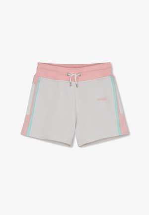 Shorts blancs et roses avec taille à cordon, bandes latérales turquoise, et logo "HUGO" sur la partie avant de la jambe droite.