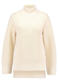 Cremfarbener Strickpullover mit Stehkragen, langen Ärmeln und gerippten Bündchen, Saum und Kragen, auf einem weißen Hintergrund präsentiert.