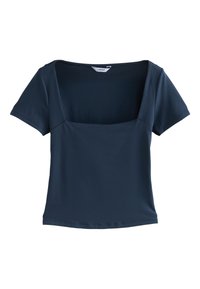 Top blu navy a maniche corte con scollo quadrato e design aderente, realizzato in tessuto morbido e liscio. Forma semplice e senza decorazioni.