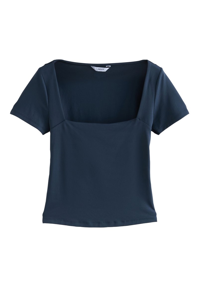 Top blu navy a maniche corte con scollo quadrato e design aderente, realizzato in tessuto morbido e liscio. Forma semplice e senza decorazioni.