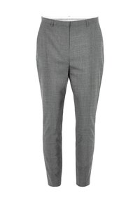 Grå skräddarsydda byxor, tillverkade av ett texturerat tyg, med smal passform och raka ben, framfickor och midja med bälteshällor.