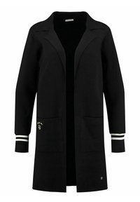 Czarny długi kardigan z wyciętym kołnierzem, dwoma przednimi kieszeniami i paskowanymi mankietami. Posiada haftowany detal na lewej kieszeni.