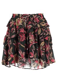 Svart blommig kjol med volanger, med rosa och guldblommönster, elastisk midja och justerbart snörningsdetalj.