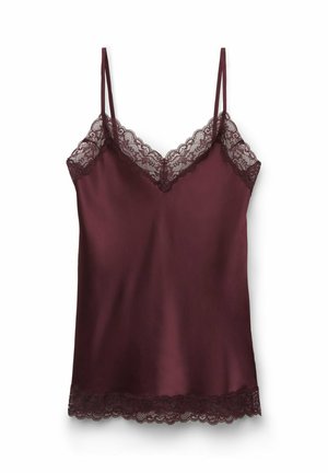 Bordeaux satijnen camisole met dunne spaghettibandjes, voorzien van een fijne kanten afwerking langs de halslijn en de zoom, een gladde textuur en een getailleerd ontwerp.