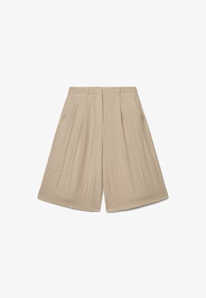 Beige high-waist wide-leg shorts with belt loops, front pleats, and side pockets on a white background.