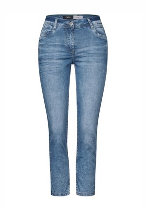 Light blue denim jeans with a slim fit, five-pocket design, and slight fading. Features a front button closure and belt loops.
