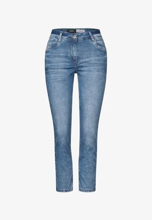 Light blue denim jeans with a slim fit, five-pocket design, and slight fading. Features a front button closure and belt loops.