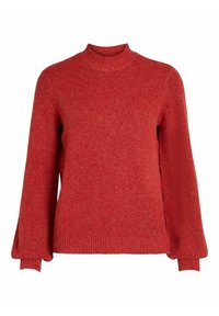 Czerwony sweter dziergany na drutach z wysokim kołnierzem, długimi rękawami zakończonymi mankietami i miękką teksturą. Posiada ściągacz u dołu, dopasowujący się w talii.