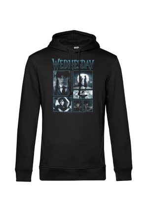 Schwarzer Hoodie mit einem grafischen Druck des Wortes "MITTWOCH" und mehreren Bildtafeln, die eine Figur in verschiedenen Posen zeigen.