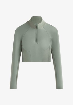 Lichtgrijs-groen cropped top met lange mouwen, geribde opstaande kraag en kwartrits, met geribde paneelaccenten aan de voorkant en op de mouwen.