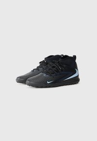 Black athletic shoes with a textured upper, blue accents, and a sturdy rubber outsole. Features a mid-top design and lace closure.