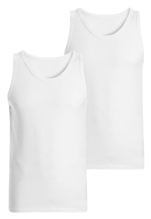 Deux débardeurs blancs. Matière en coton doux, design sans manches, encolure ronde et texture lisse. Coupe standard sans motifs.
