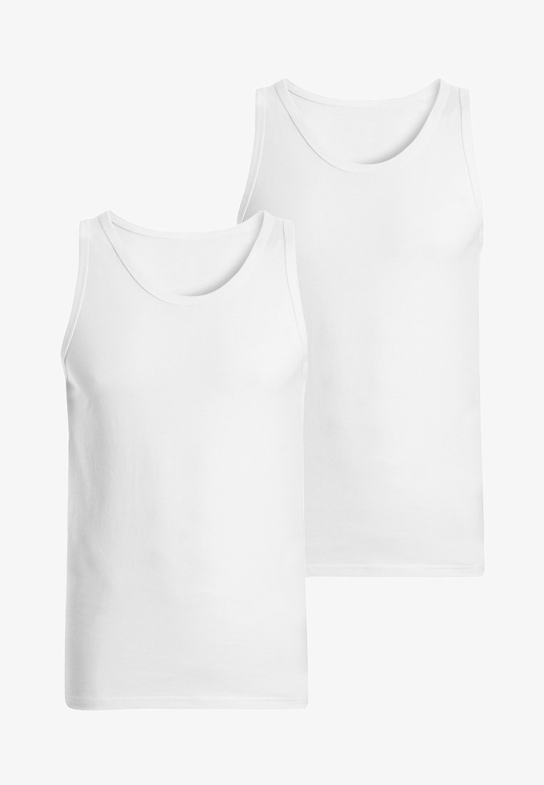 Deux débardeurs blancs. Matière en coton doux, design sans manches, encolure ronde et texture lisse. Coupe standard sans motifs.