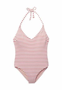 Maillot de bain une pièce rayé rouge et blanc, avec un décolleté en V plongeant, des liens autour du cou et une silhouette ajustée avec des jambes très décolletées.