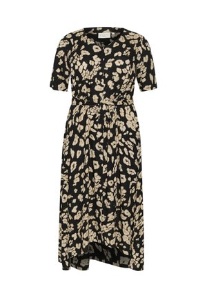 Abito nero con maniche corte, vita cinturata e stampa floreale leopardata in crema e beige. Tessuto fluido con un orlo di lunghezza media.