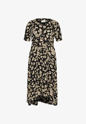 Rochie neagră cu mâneci scurte, talie evidențiată printr-un cordon și un imprimeu floral cu leopard în nuanțe de crem și bej. Țesătură fluidă cu un tiv de lungime medie.