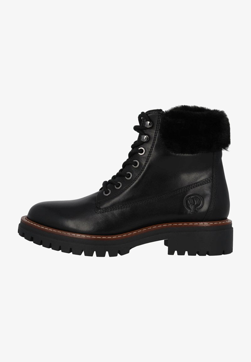 Bottine montante noire en cuir à lacets avec manchette en fourrure, semelle robuste et détail de couture marron sur le bord de la semelle.