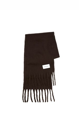 Brown scarf made from soft material, featuring fringed edges. White label displays "ARCTIC FOX." Simple rectangular design.