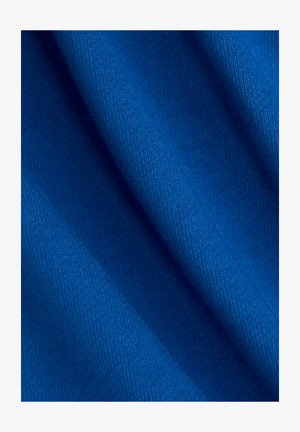 Blauw stof met een gladde textuur, met zichtbare geweven patronen en plooien, die een rijke, levendige kleur en een gelijkmatige oppervlakte vertoont.