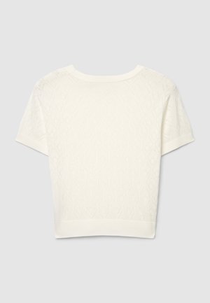 Haut blanc à manches courtes en maille avec un motif en losange texturé, un col rond et une bordure côtelée aux manches et à l'ourlet.