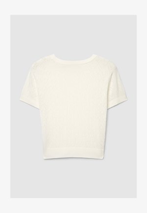 Top bianco a maniche corte in maglia con motivo a rombi lavorato a rilievo, scollo tondo e bordi a costine sulle maniche e sull'orlo.