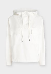 Pull blanc à manches longues avec capuche, cordons, patte de boutonnage devant et deux poches poitrine à rabat.