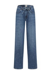 Light blue denim wide-leg jeans with a drawstring waistband, five-pocket design, and subtle stitching details. Smooth texture and casual fit.