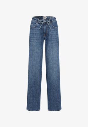 Hellblaue Jeans im weiten Schnitt mit einem Kordelzugbund, fünf Taschen und subtilen Nähdetails. Glatte Textur und lässige Passform.