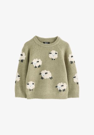 Hellgrüner Kinderpullover mit rundem Ausschnitt und weißen flauschigen Schafmustern, die vorne und an den Ärmeln verteilt sind.