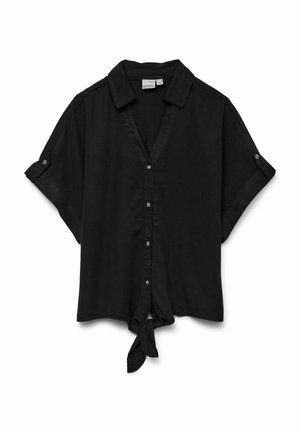 Chemise noire à manches courtes avec col, manches retroussées et nœud sur le devant à l'ourlet.
