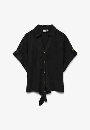 Chemise noire à manches courtes avec col, manches retroussées et nœud sur le devant à l'ourlet.