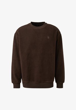 Donkerbruin fleece sweatshirt met ronde hals, lange mouwen, geribbelde manchetten en zoom, en een klein geborduurd logo op de bovenste linkerborst.