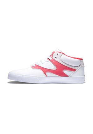 High-top sneaker with a white leather upper and pink synthetic accents. Features a textured rubber sole and lace-up closure.