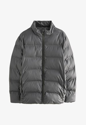 Szara kurtka puchowa z stójką, z pełnym zamkiem błyskawicznym i pikowanymi sekcjami dla lepszego ocieplenia. Gładka, błyszcząca tkanina.