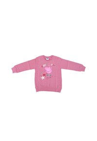 Pink sweatshirt with long sleeves, featuring a dotted pattern, a Peppa Pig graphic, and star embellishments on the front.