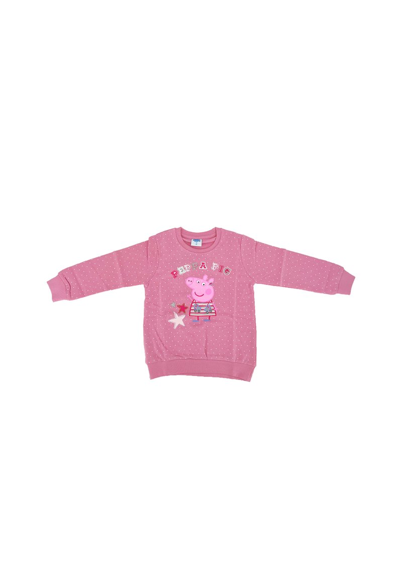 Pink sweatshirt with long sleeves, featuring a dotted pattern, a Peppa Pig graphic, and star embellishments on the front.