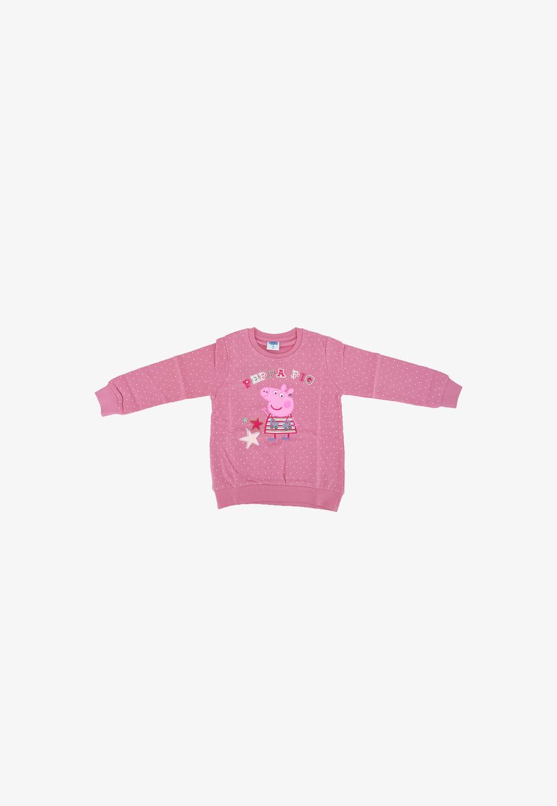 Pink sweatshirt with long sleeves, featuring a dotted pattern, a Peppa Pig graphic, and star embellishments on the front.