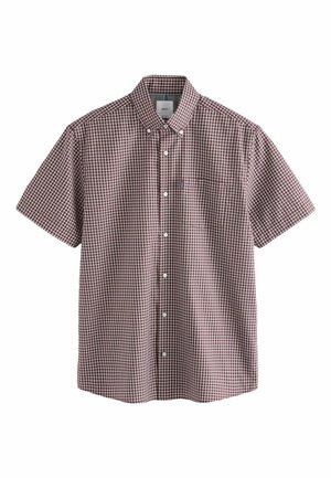 Camisa de manga corta con estampado de cuadros en burdeos y blanco, bolsillo delantero y cuello abotonado.