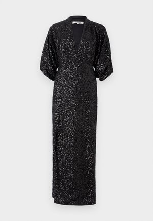 Black sequin dress with a deep V-neck, elbow-length puff sleeves, and a fitted silhouette, featuring shiny texture and floor-length design.