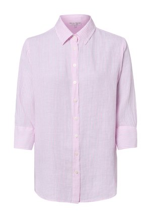 Koszula na guziki w jasnoróżowe i białe pionowe paski, z długimi rękawami i szpiczastym kołnierzykiem.