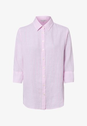 Lichtroze en wit verticaal gestreept overhemd met knopen, lange mouwen en een puntkraag.