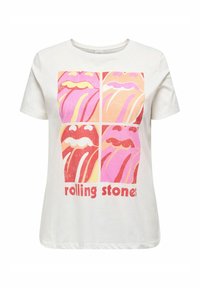Hvid bomulds t-shirt med et grafisk motiv af fire stiliserede læber i pink og orange nuancer, med "rolling stones" tekst i fed rød.