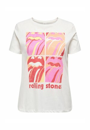 T-shirt di cotone bianca con una grafica che presenta quattro labbra stilizzate in tonalità di rosa e arancio, con il testo "Rolling Stones" in bold rosso.