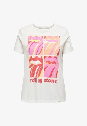 Balta kokvilnas T-kreklu ar grafiku, kurā attēlotas četras stilizētas lūpas rozā un oranžos toņos, ar uzrakstu "Rolling Stones" treknajiem sarkaniem burtiem.